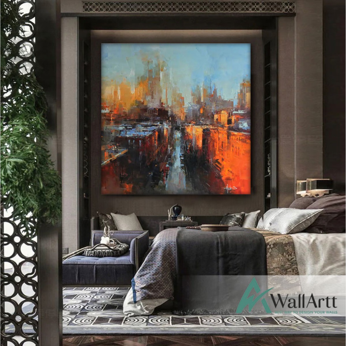 Abstract Orange City Night Textured Partial Oil Painting