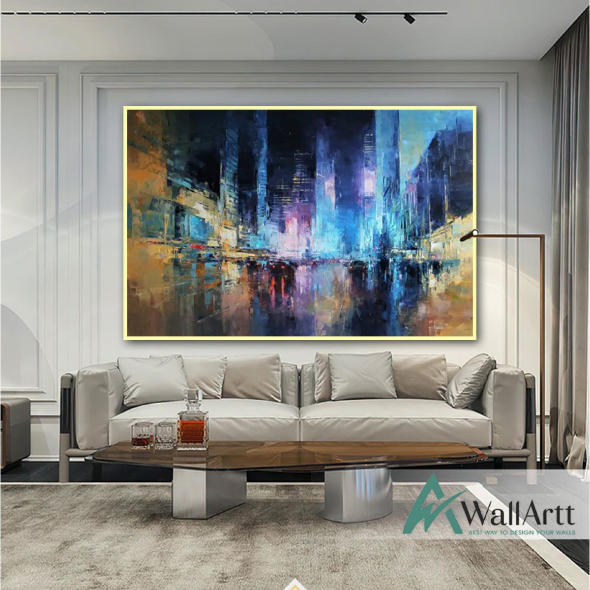 Abstract Blue City Traffic Textured Partial Oil Painting