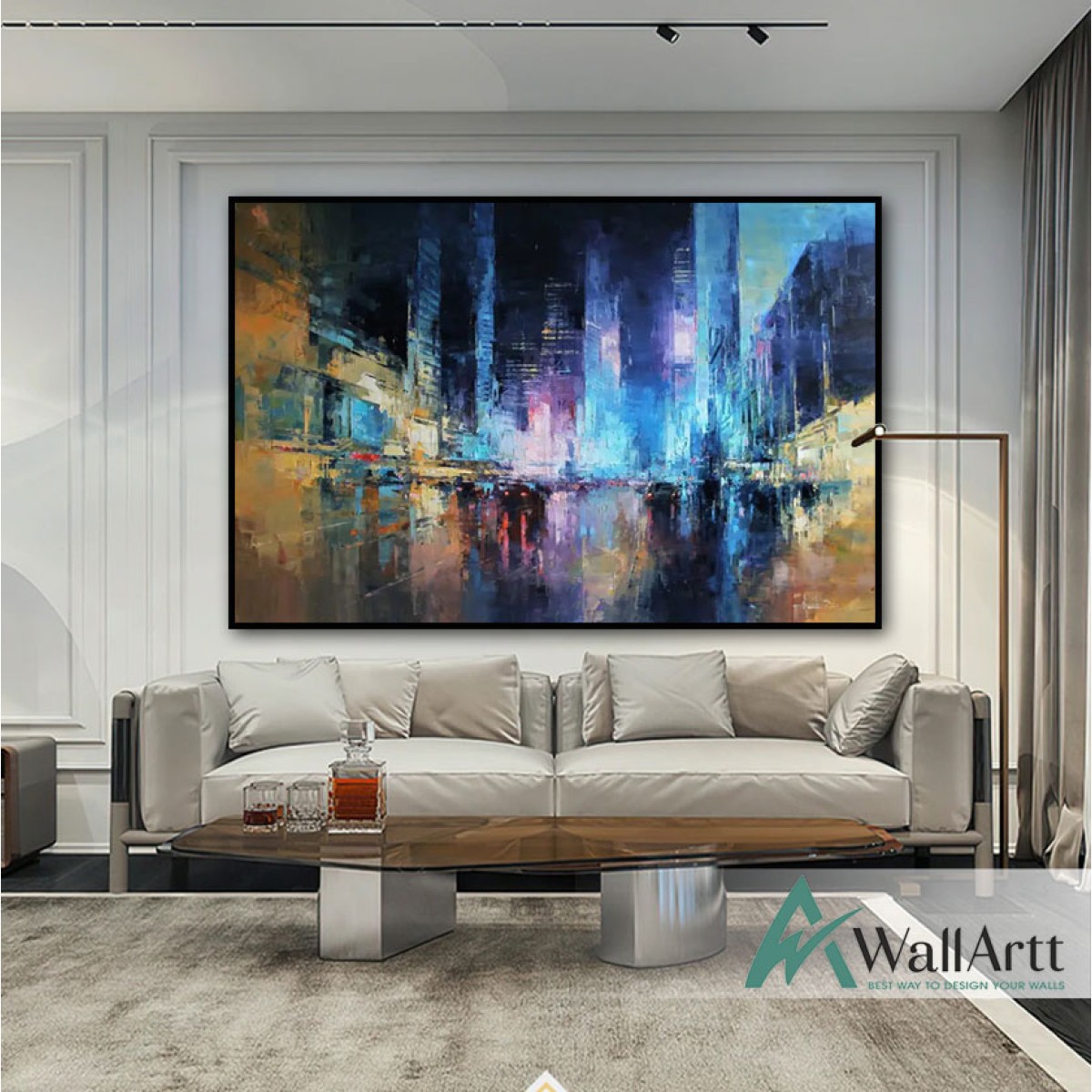 Abstract Blue City Traffic Textured Partial Oil Painting