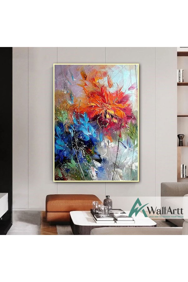 Abstract Blue Orange Flowers Textured Partial Oil Painting