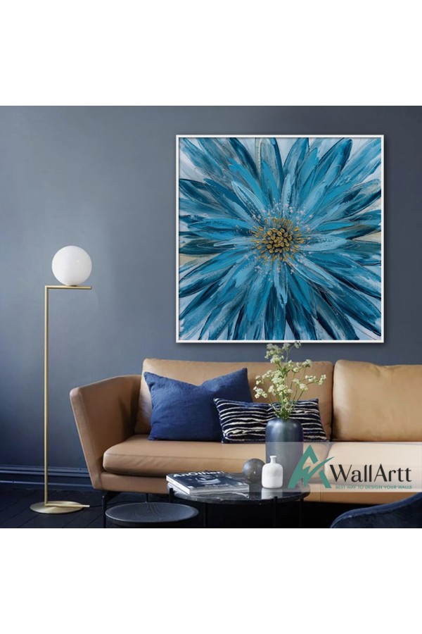 Blue Flower with Gold Textured Partial Oil Painting