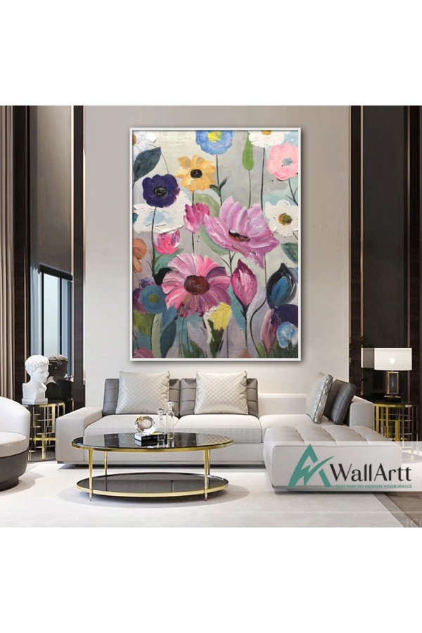 Pink Blue Flowers Textured Partial Oil Painting