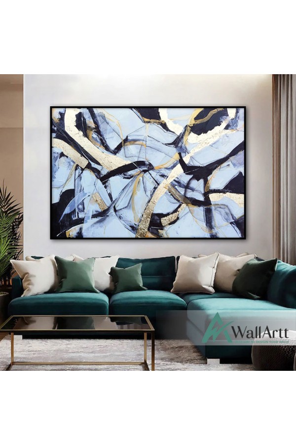 Abstract Dark Navy n Gold Textured Partial Oil Painting