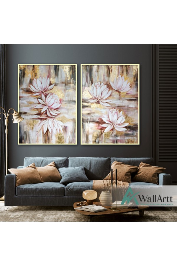 Abstract Gold Flowers 2 Piece Textured Partial Oil Painting