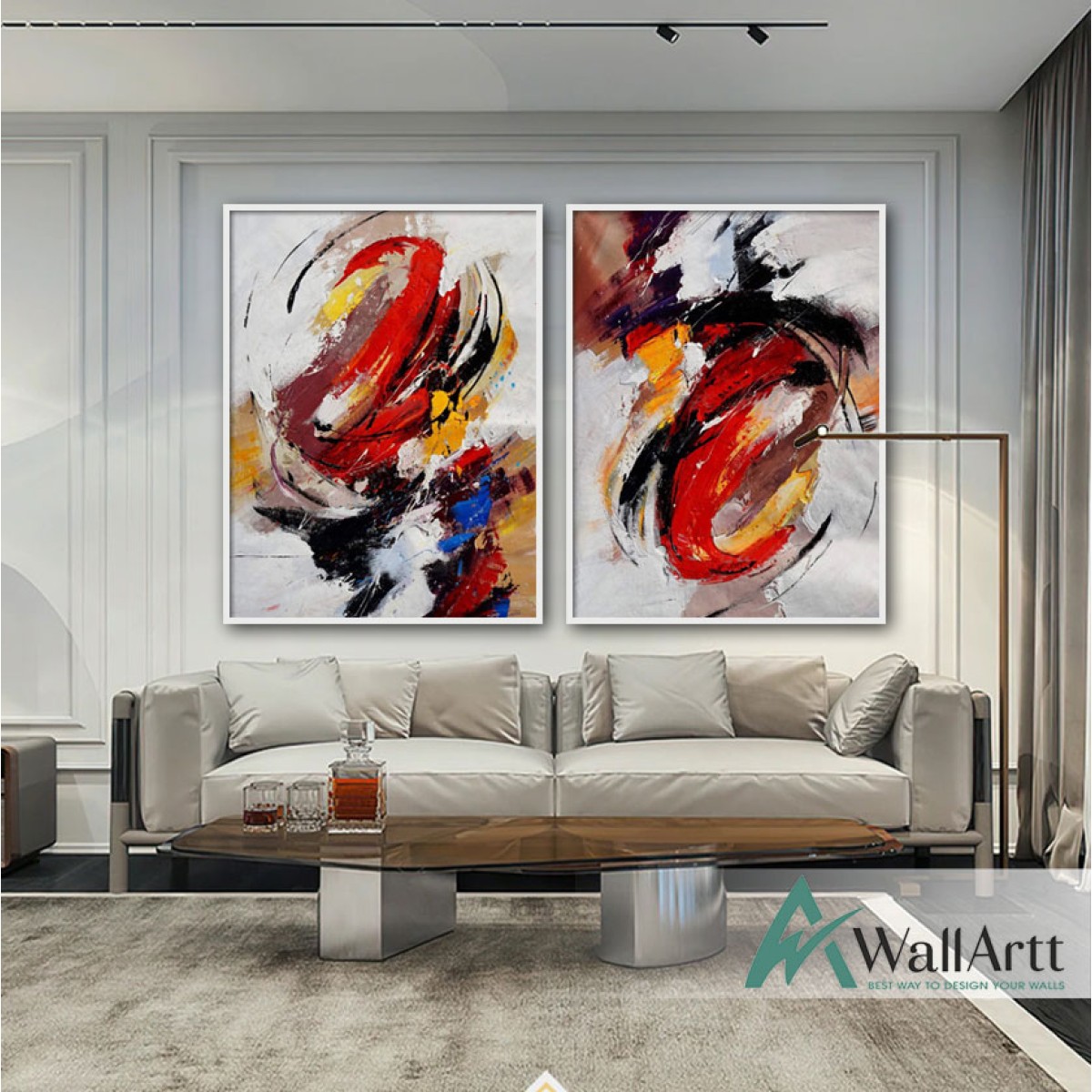 Abstract Red n Black 2 Piece Textured Partial Oil Painting