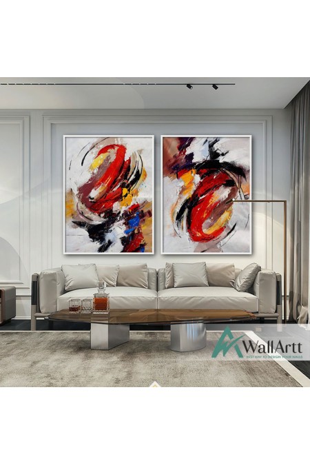 Abstract Red n Black 2 Piece Textured Partial Oil Painting