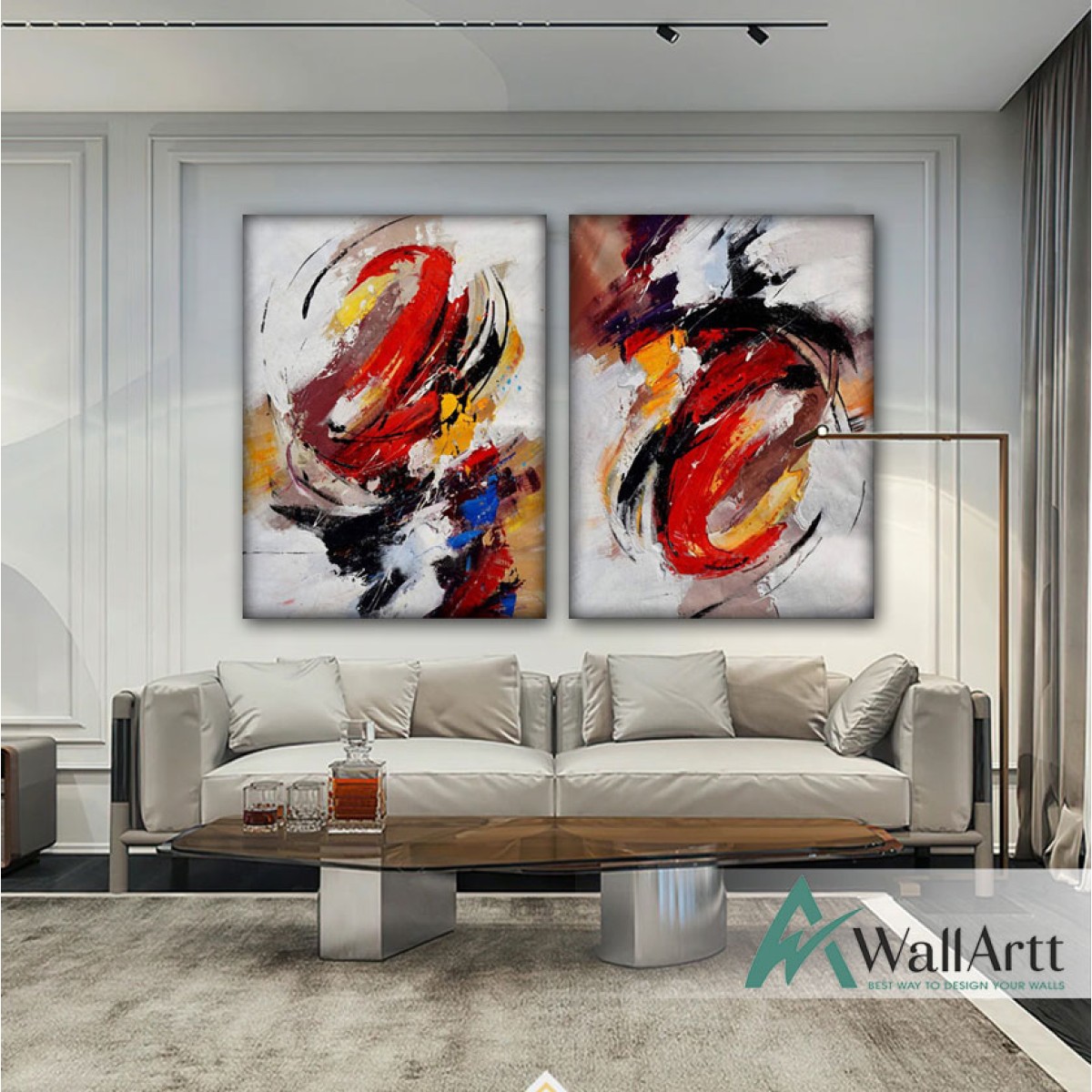 Abstract Red n Black 2 Piece Textured Partial Oil Painting