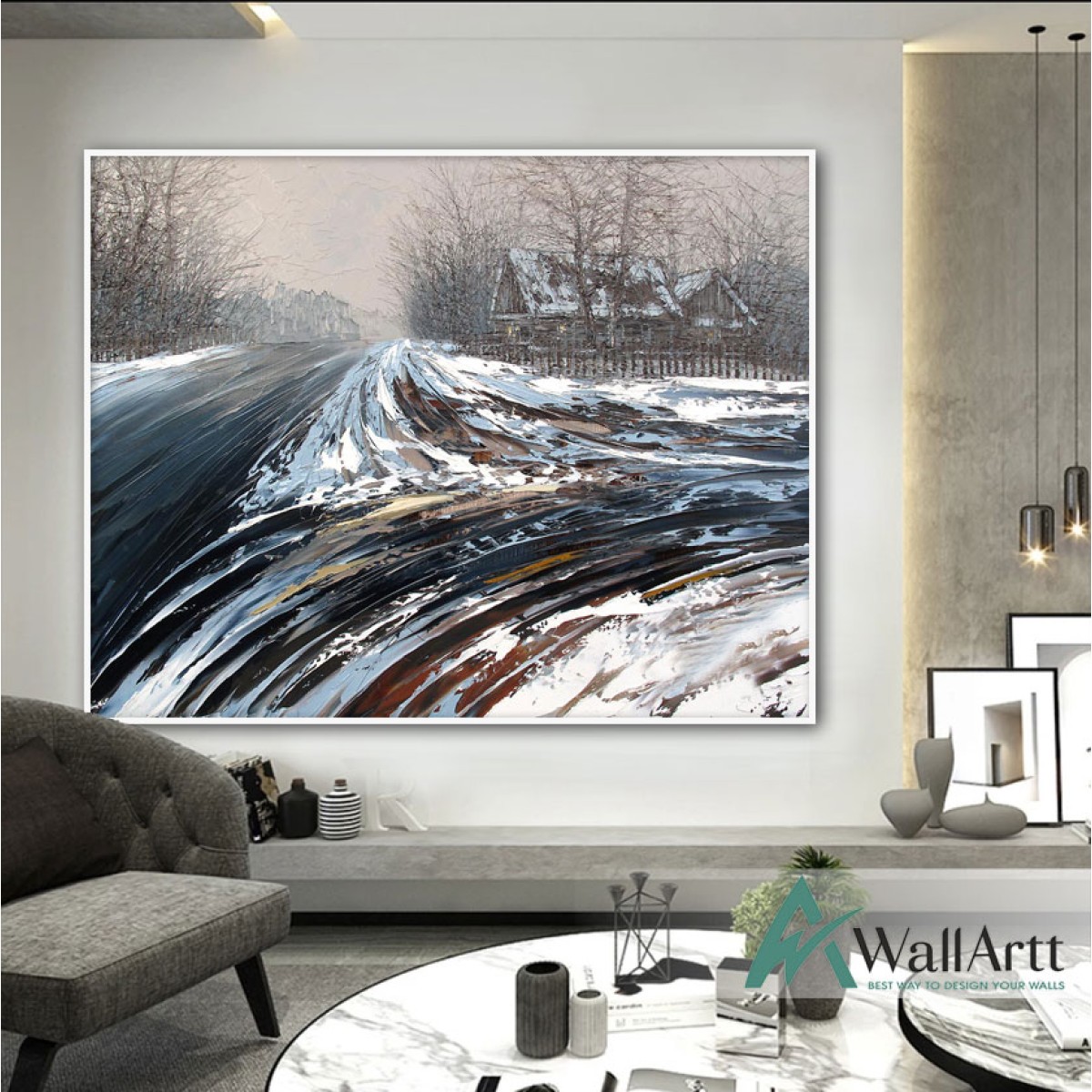 Snowy Road Textured Partial Oil Painting