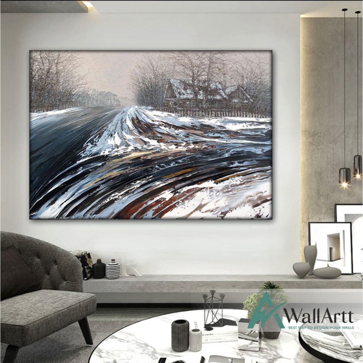 Snowy Road Textured Partial Oil Painting
