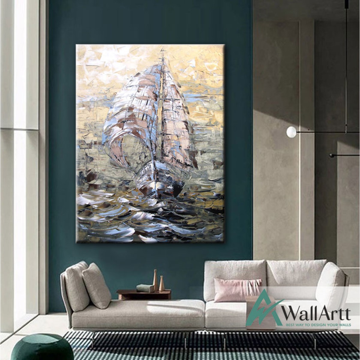 Sailboat Under Storm Textured Partial Oil Painting