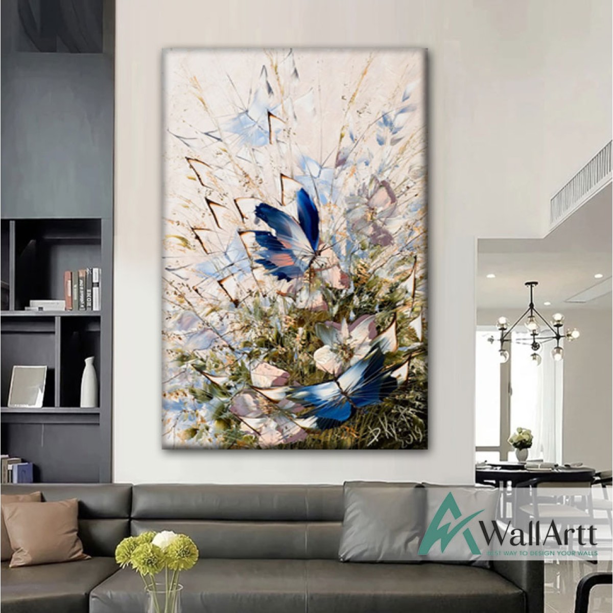 Blue Butterflies Textured Partial Oil Painting
