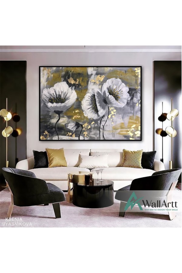 White Flowers with Gold Foil Textured Partial Oil Painting