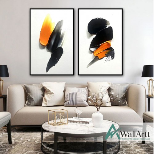 Abstract Orange Black II-III 2 Piece Textured Partial Oil Painting