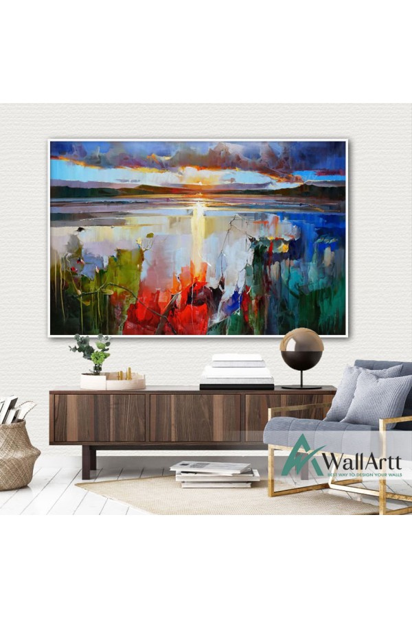 Sundown Lake Textured Partial Oil Painting