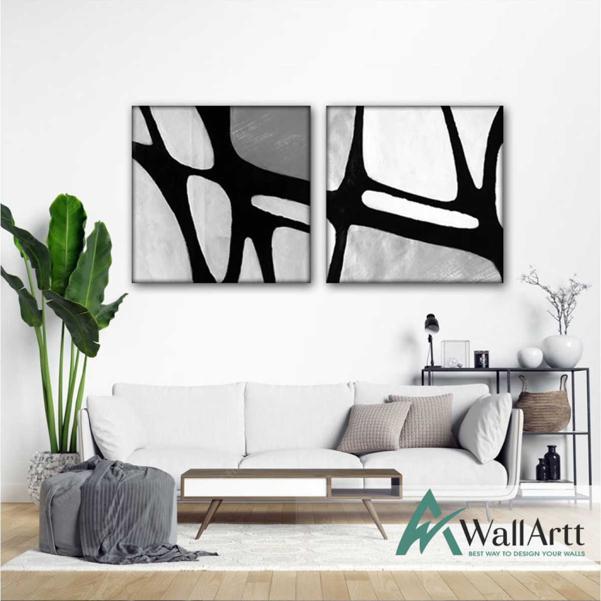 White n Black Abstract 2 Piece Textured Partial Oil Painting