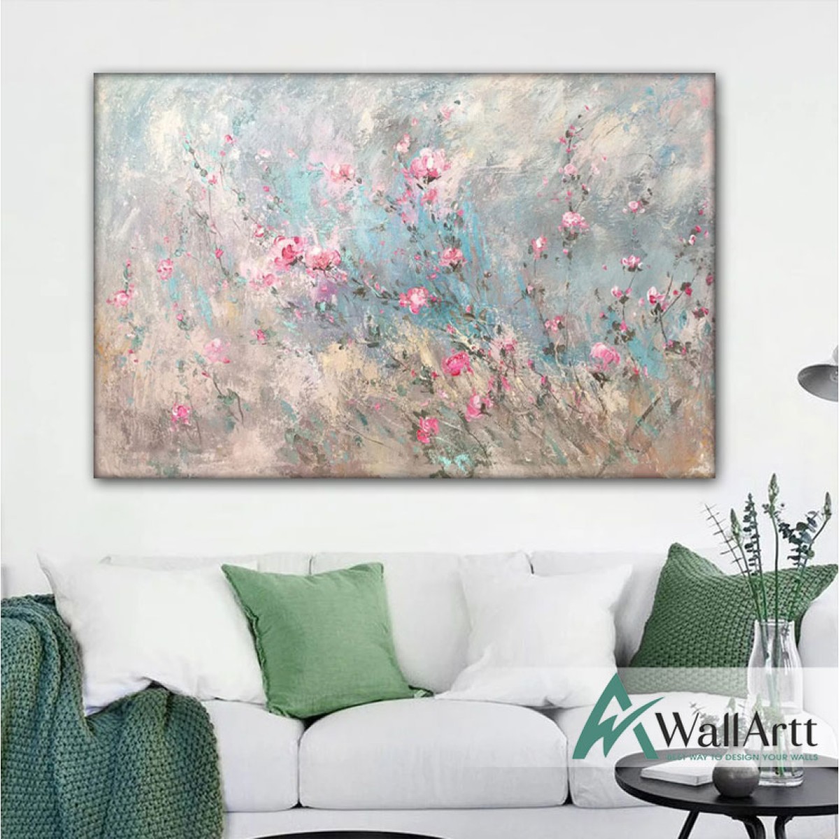 Pale Pink Flowers Textured Partial Oil Painting