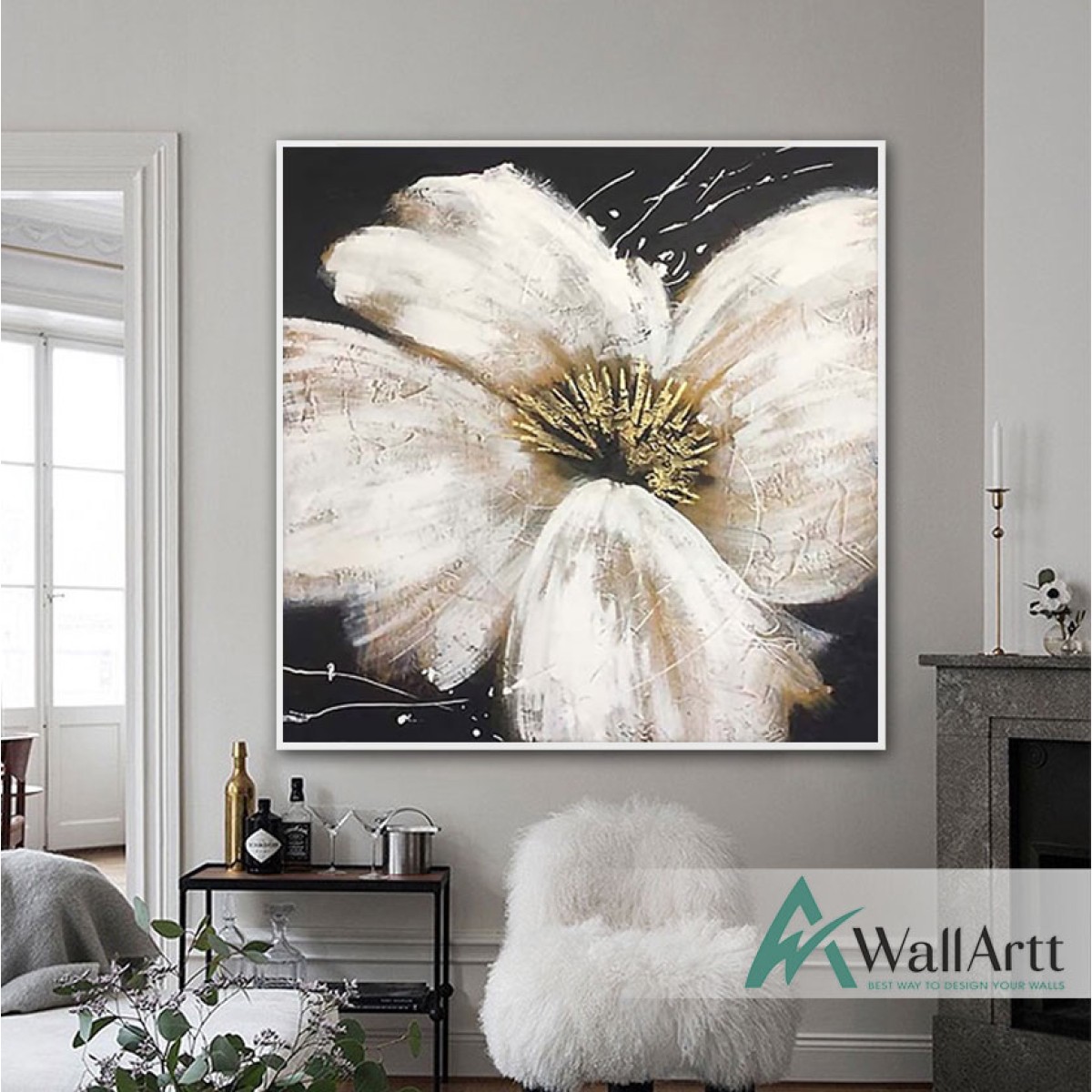 Abstract Big White Flower Textured Partial Oil Painting