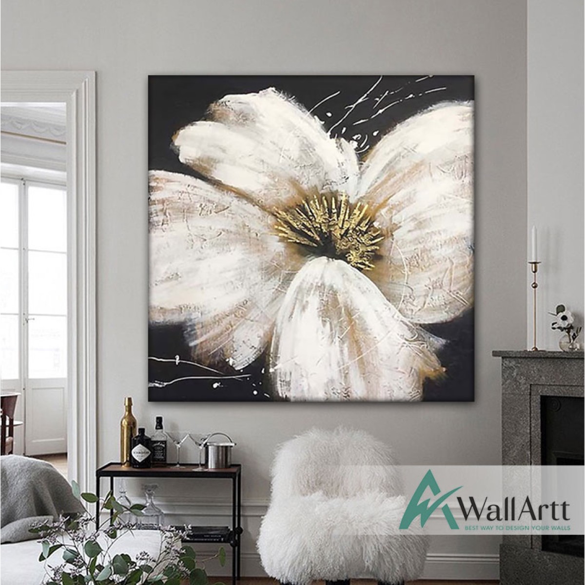 Abstract Big White Flower Textured Partial Oil Painting