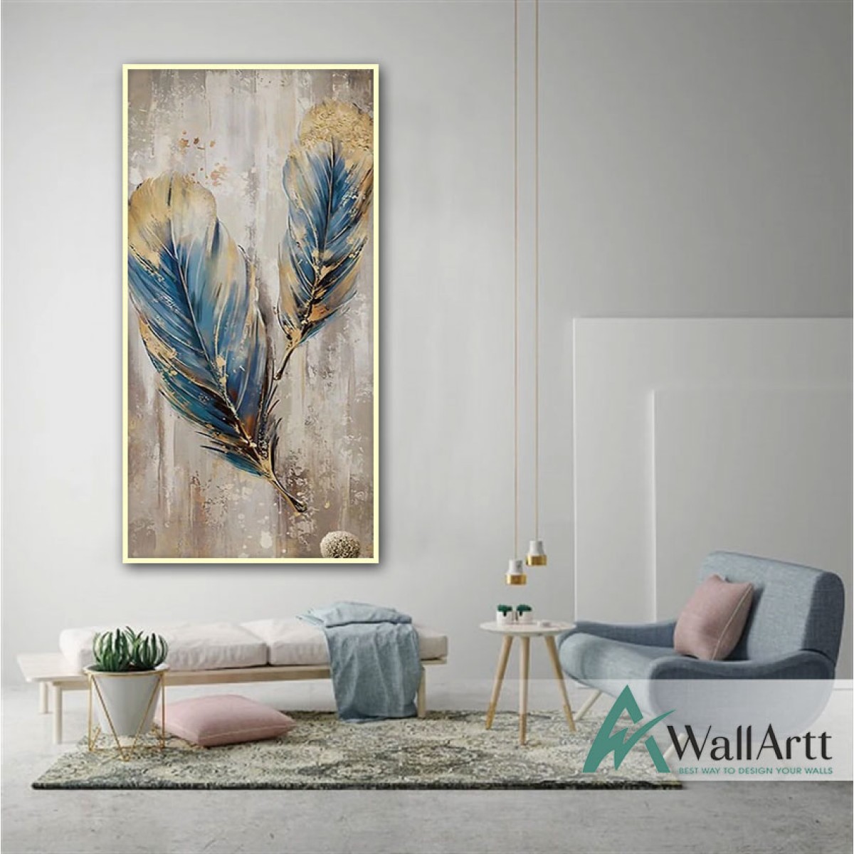Abstract Blue Feather Textured Partial Oil Painting