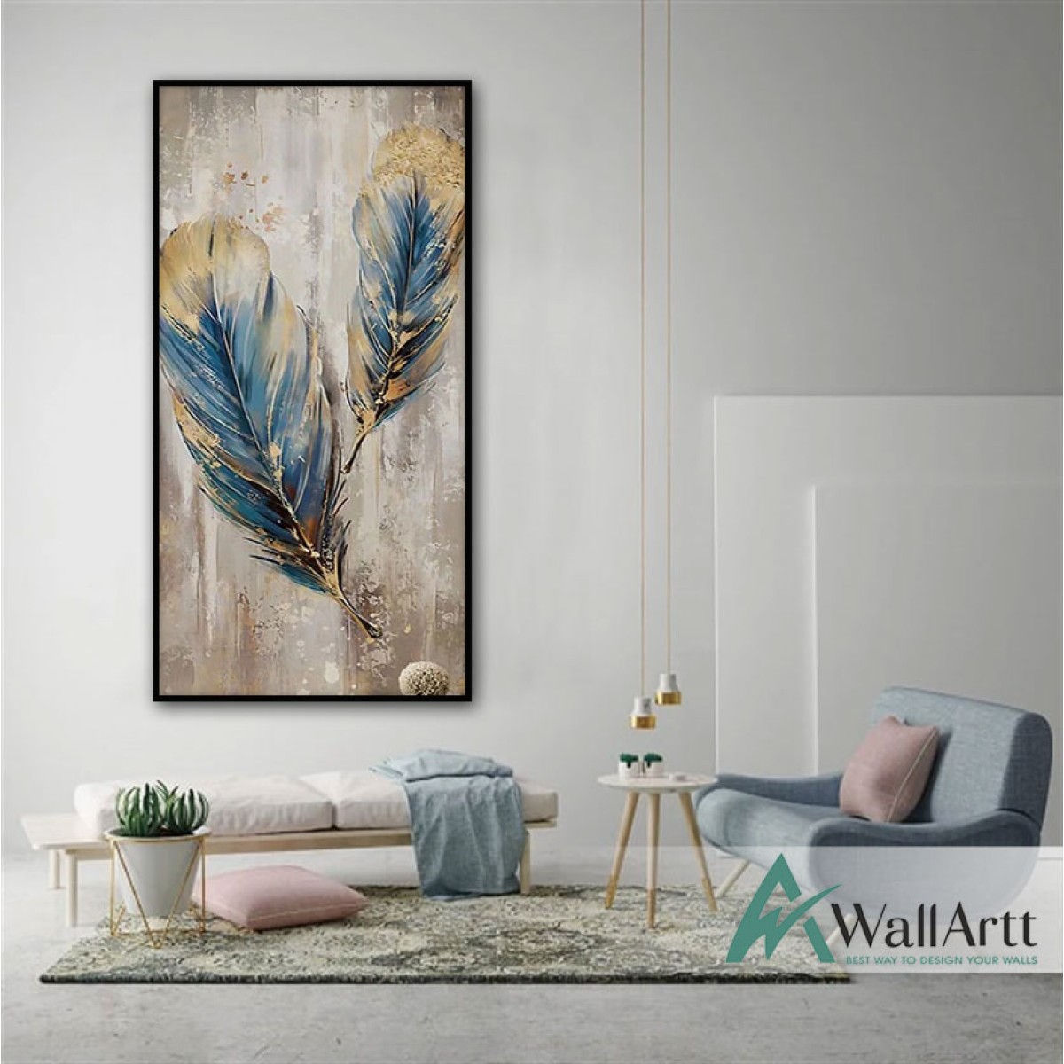 Abstract Blue Feather Textured Partial Oil Painting