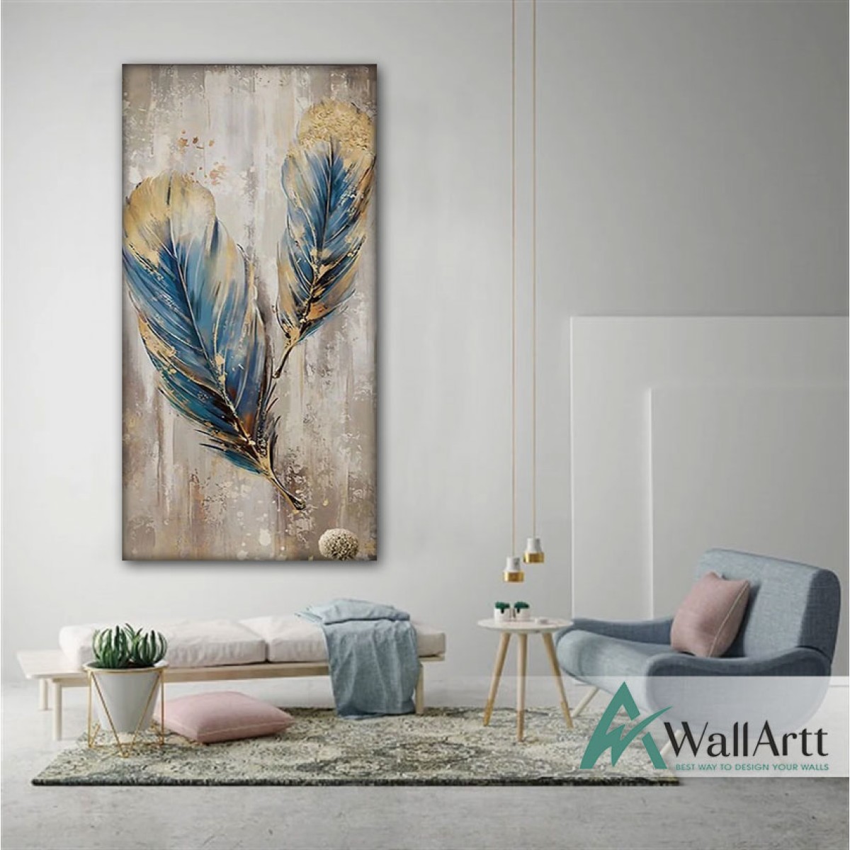 Abstract Blue Feather Textured Partial Oil Painting