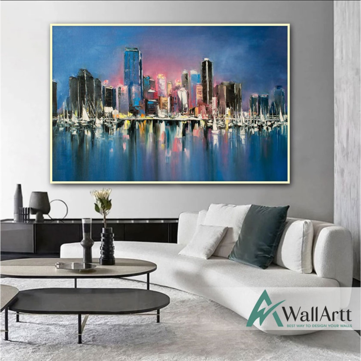 Blue City Lights Textured Partial Oil Painting