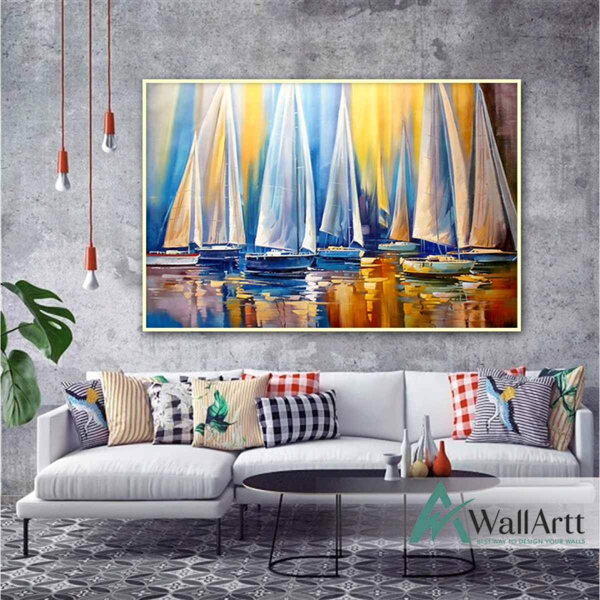 Abstract Sailboats Textured Partial Oil Painting