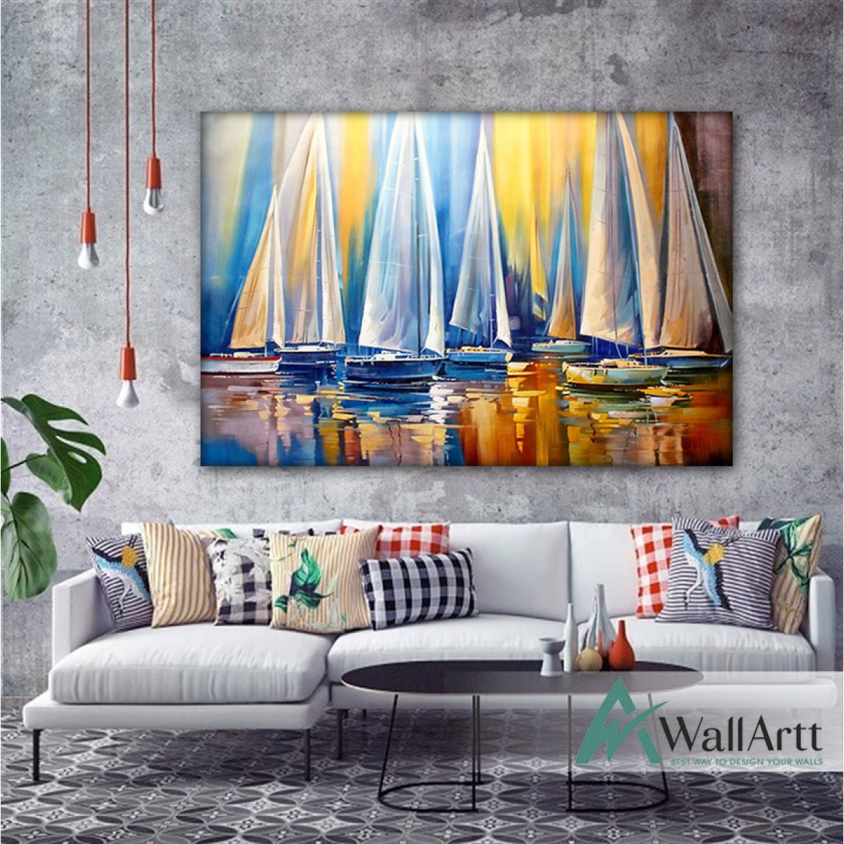 Abstract Sailboats Textured Partial Oil Painting