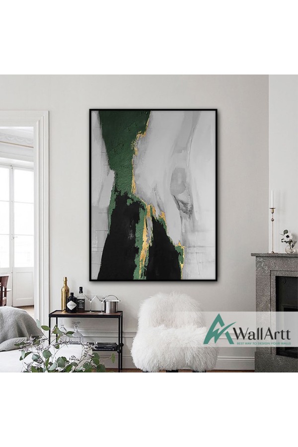 Green on Grey Abstract Textured Partial Oil Painting