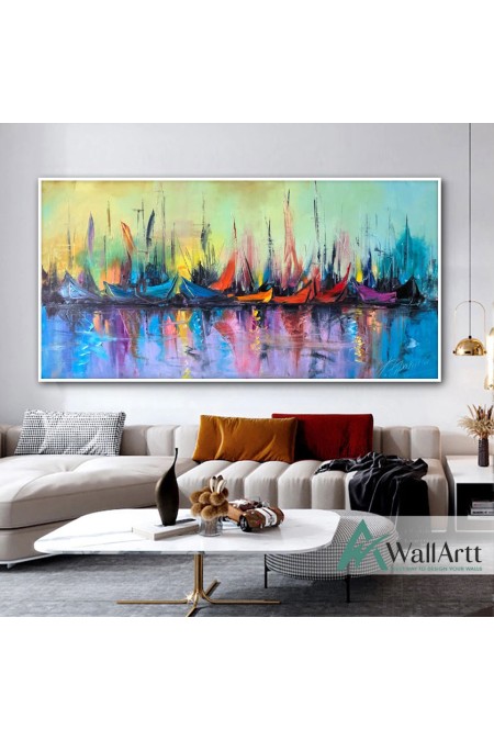 Abstract Colorful Sailboats Textured Partial Oil Painting