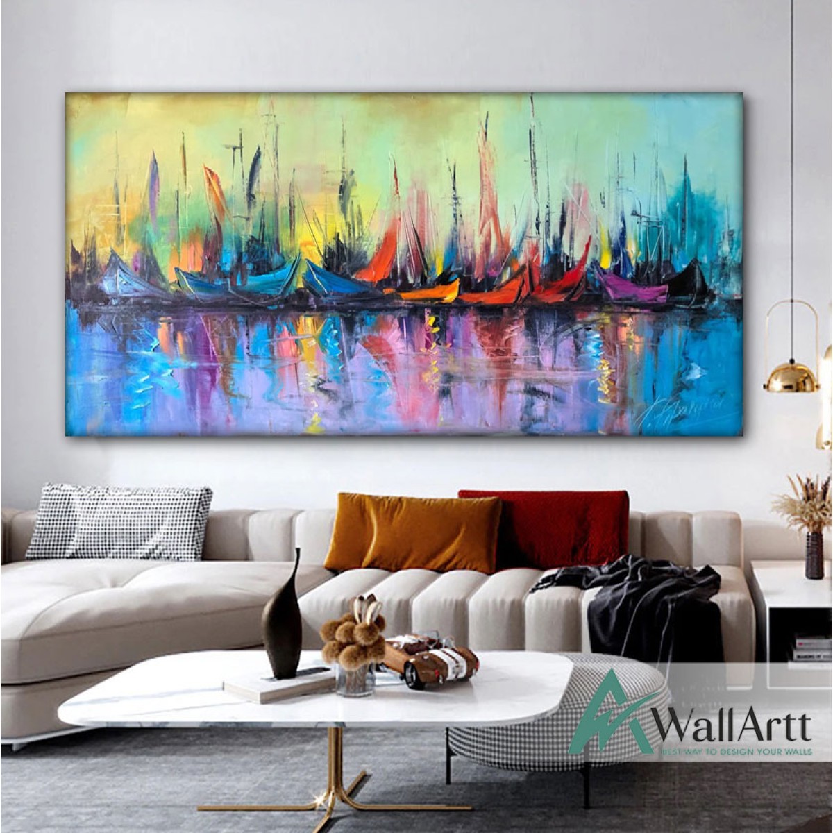 Abstract Colorful Sailboats Textured Partial Oil Painting