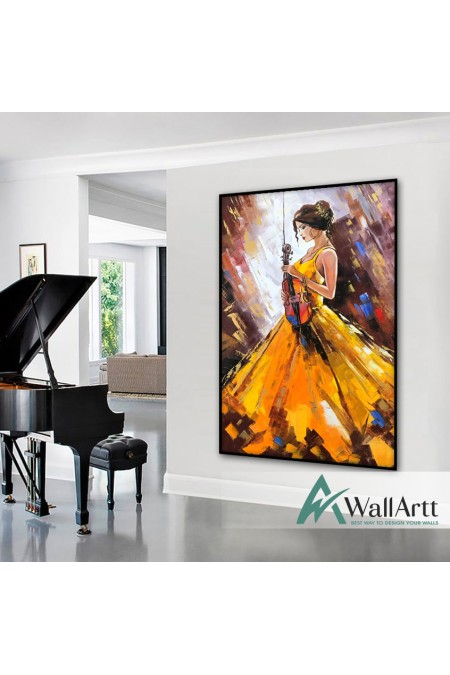 Violinist in an Orange Dress Textured Partial Oil Painting