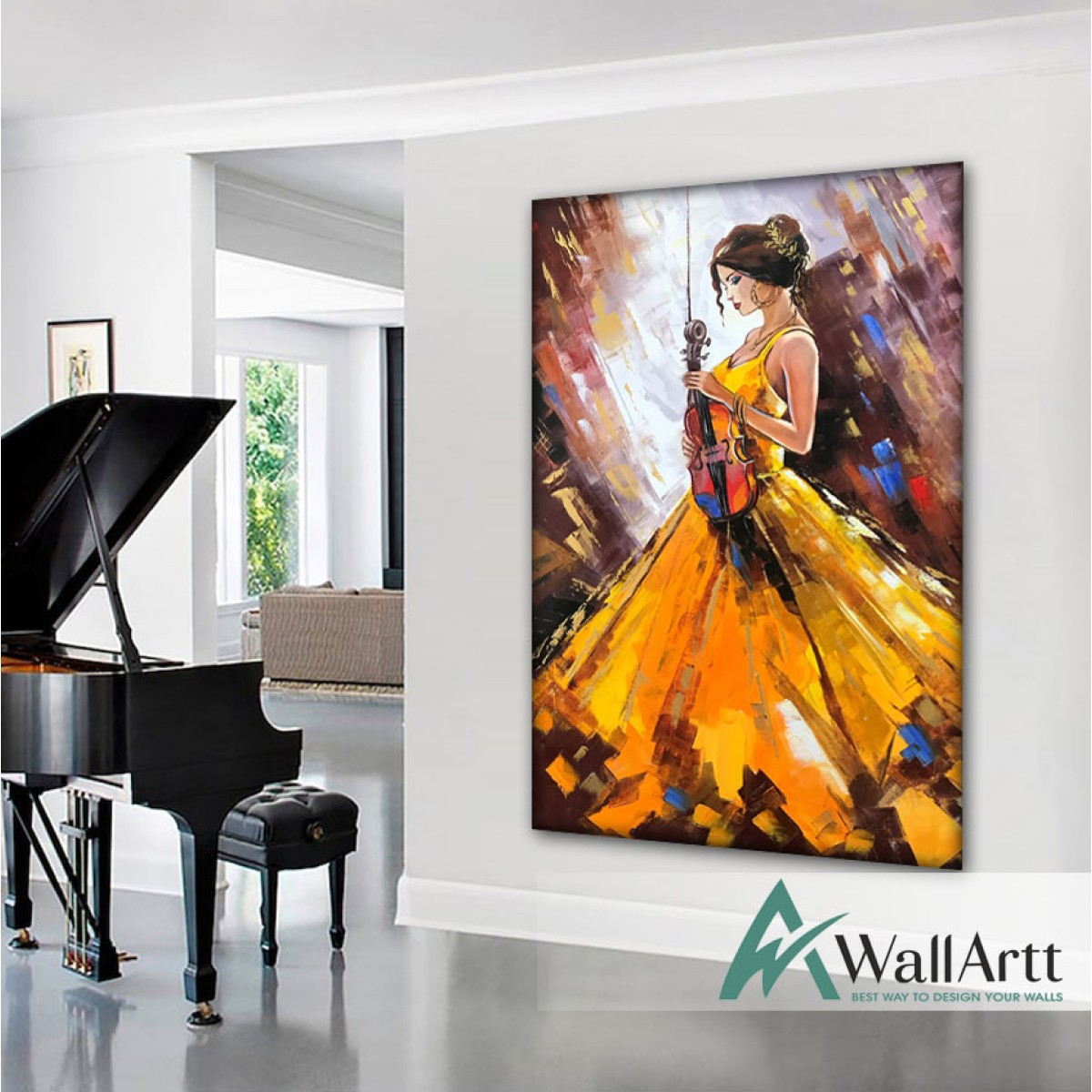Violinist in an Orange Dress Textured Partial Oil Painting