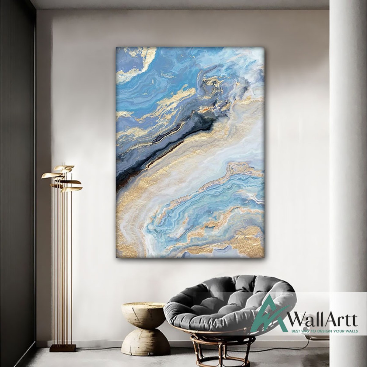 Abstract Gold Blue Marble Textured Partial Oil Painting
