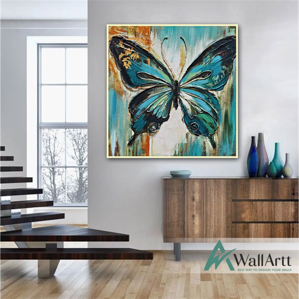 Abstract Blue Butterfly Textured Partial Oil Painting