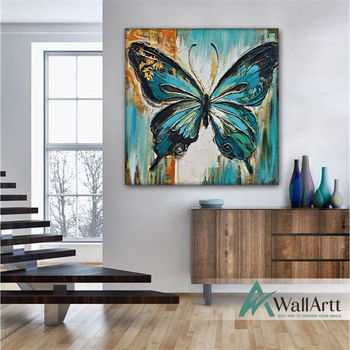 Abstract Blue Butterfly Textured Partial Oil Painting