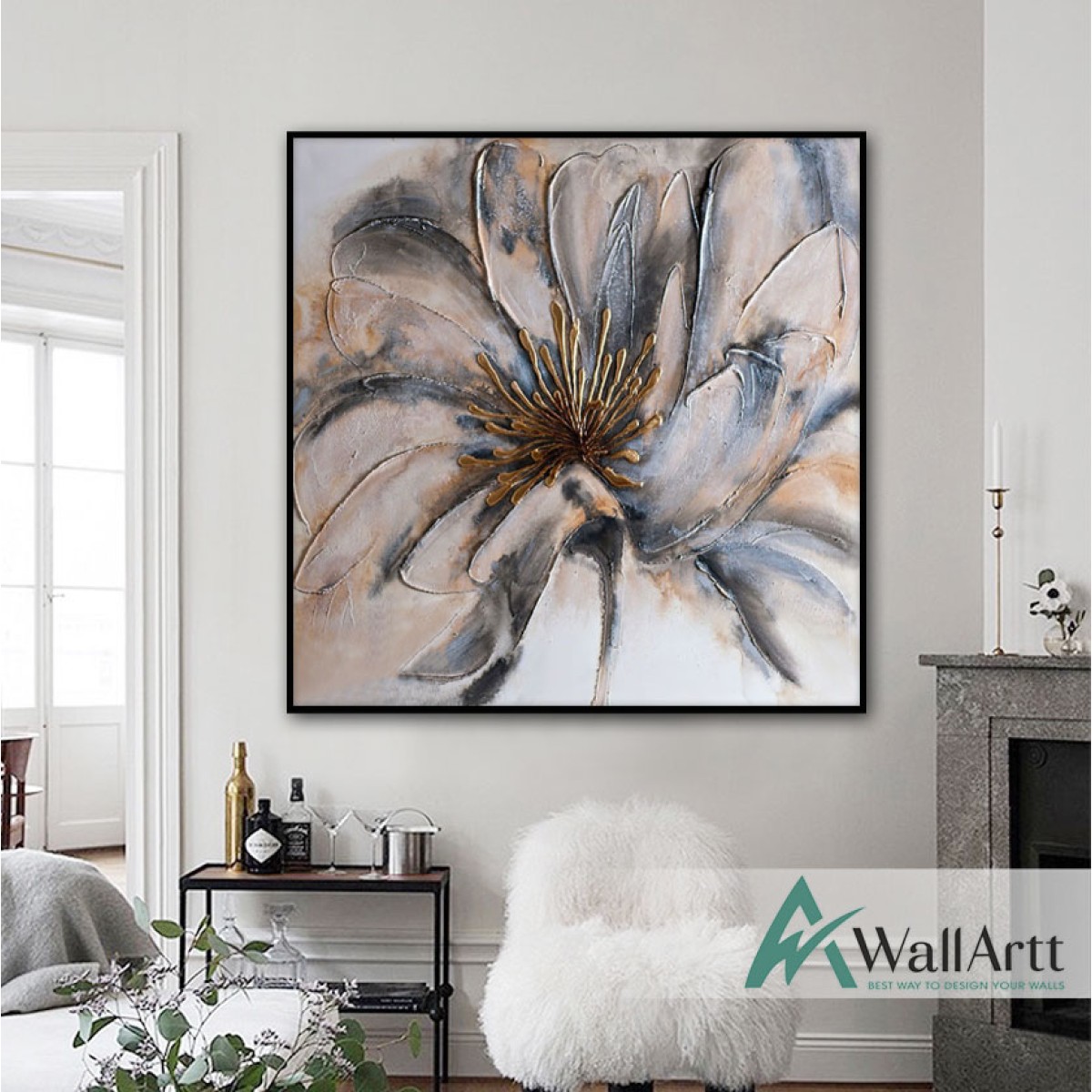 Abstract Flower with Gold Foil II Textured Partial Oil Painting