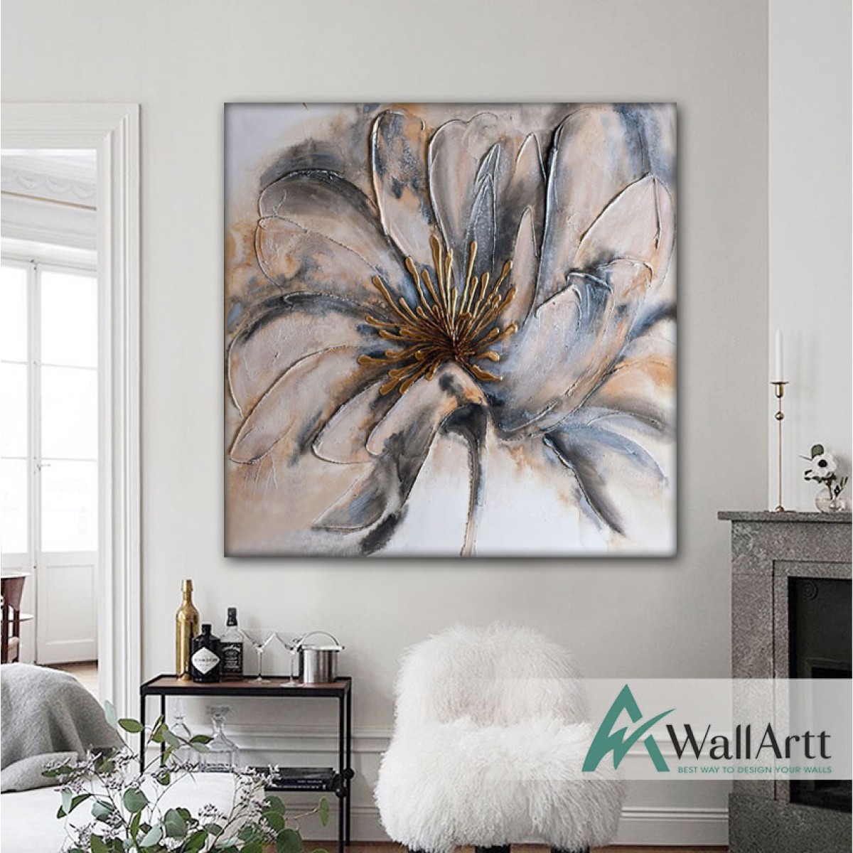Abstract Flower with Gold Foil II Textured Partial Oil Painting