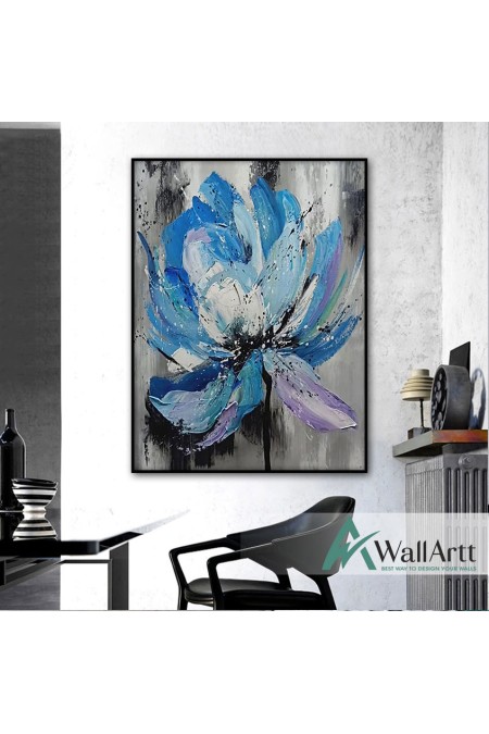 Abstract Blue Flower Textured Partial Oil Painting