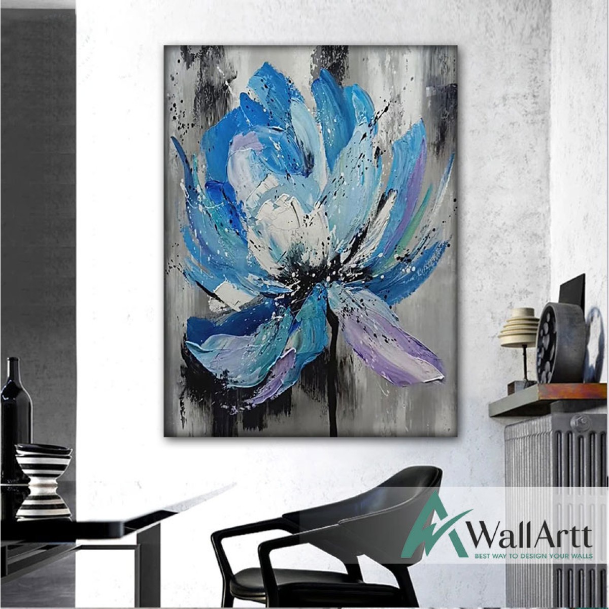 Abstract Blue Flower Textured Partial Oil Painting