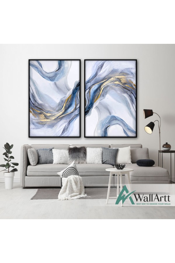 Gold Blue Marble 2 Piece Textured Partial Oil Painting