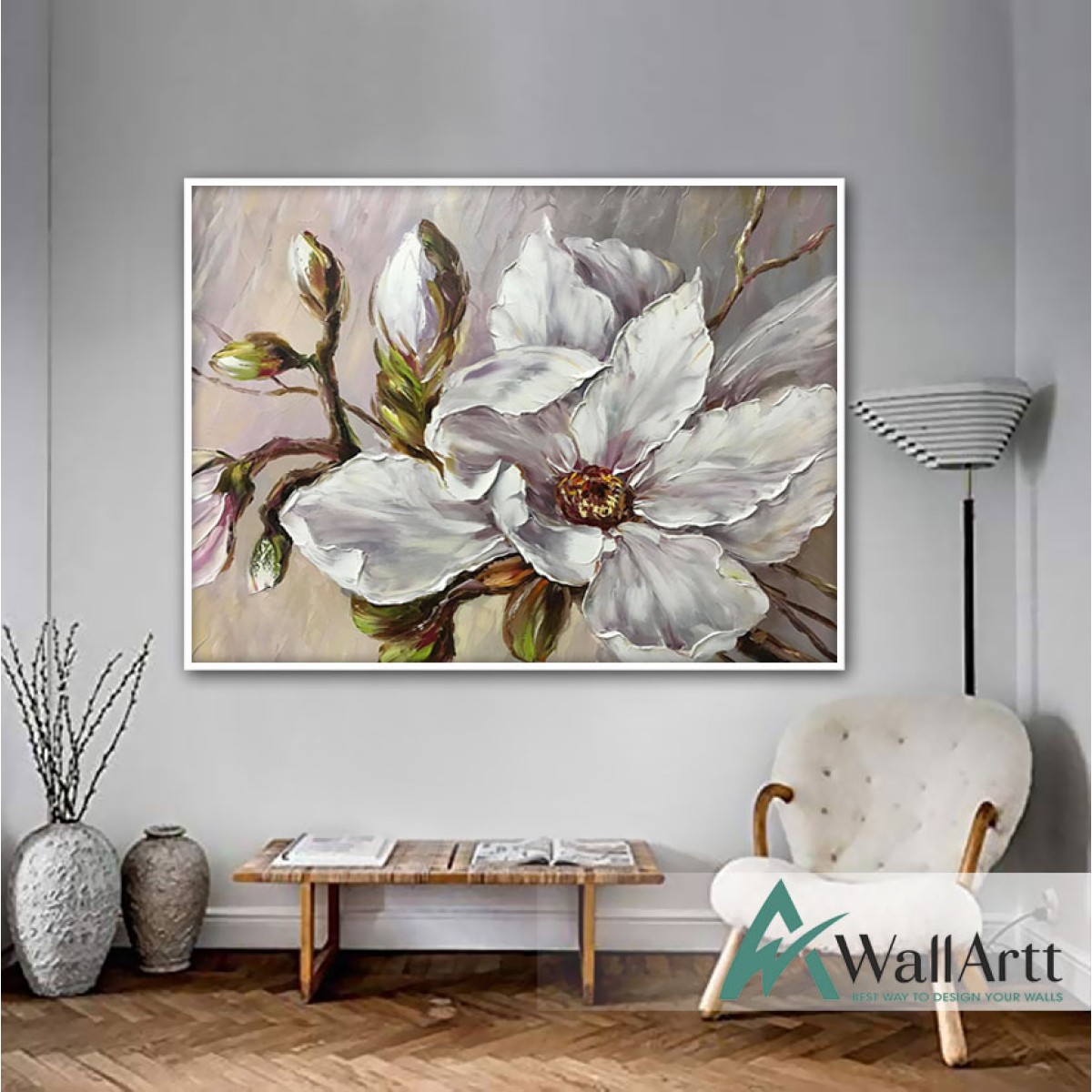 White Flower Buds Textured Partial Oil Painting