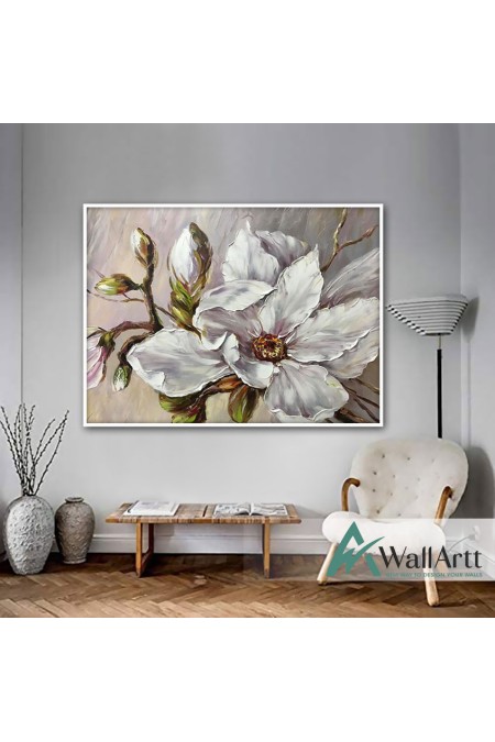 White Flower Buds Textured Partial Oil Painting