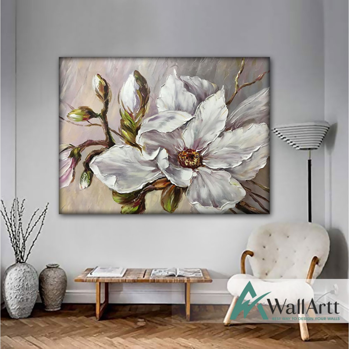 White Flower Buds Textured Partial Oil Painting