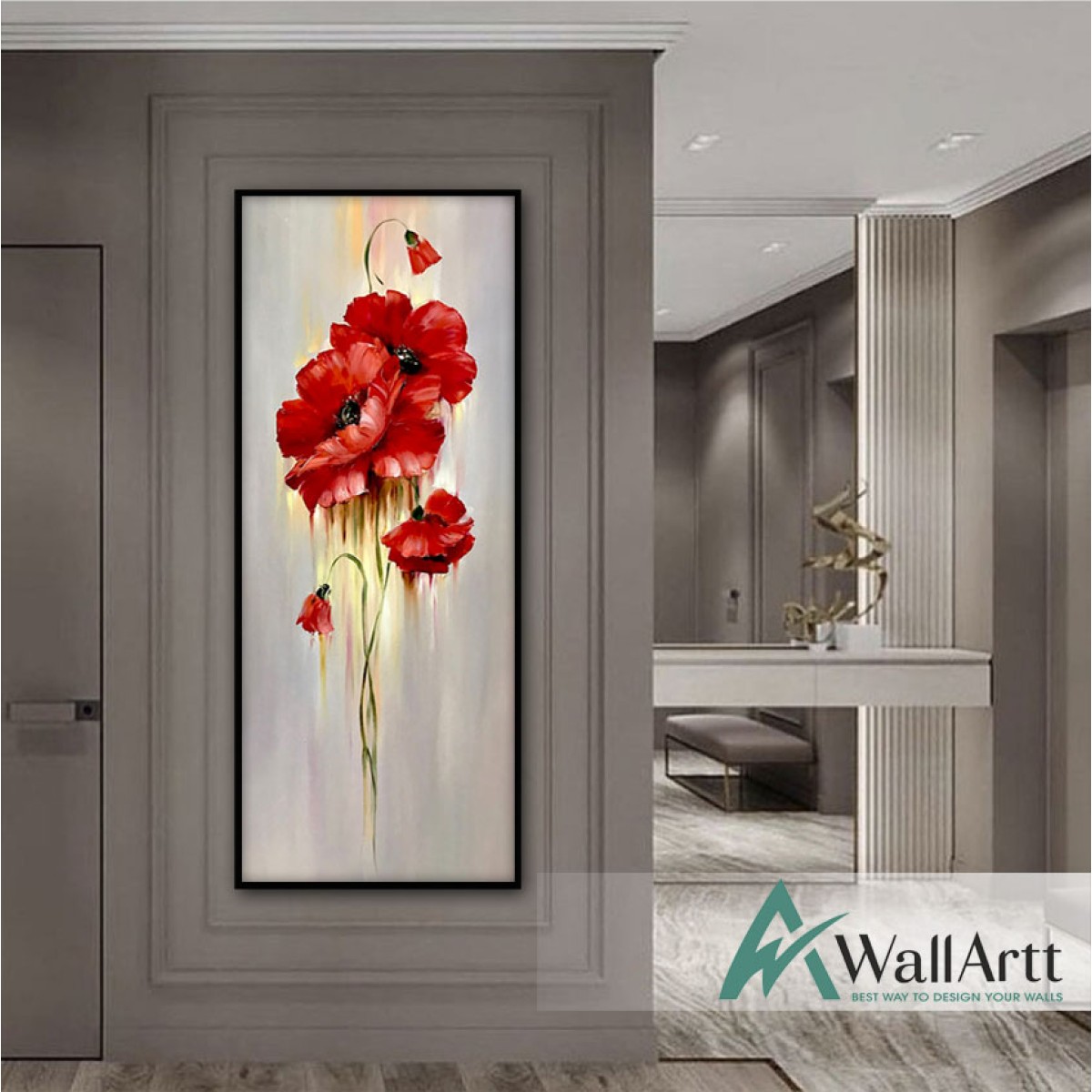 Abstract Floating Red Flowers Textured Partial Oil Painting