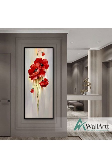 Abstract Floating Red Flowers Textured Partial Oil Painting