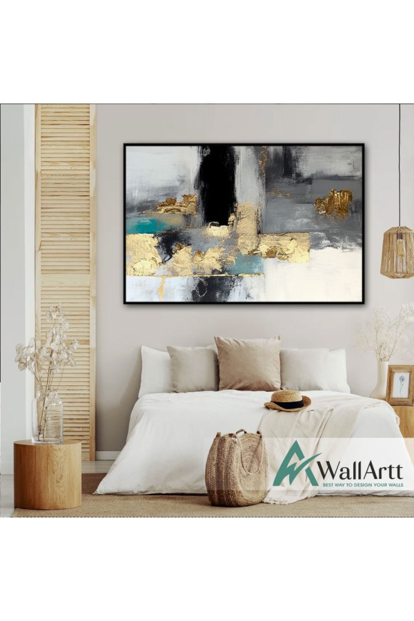 Blue Gold Foil on White Textured Partial Oil Painting