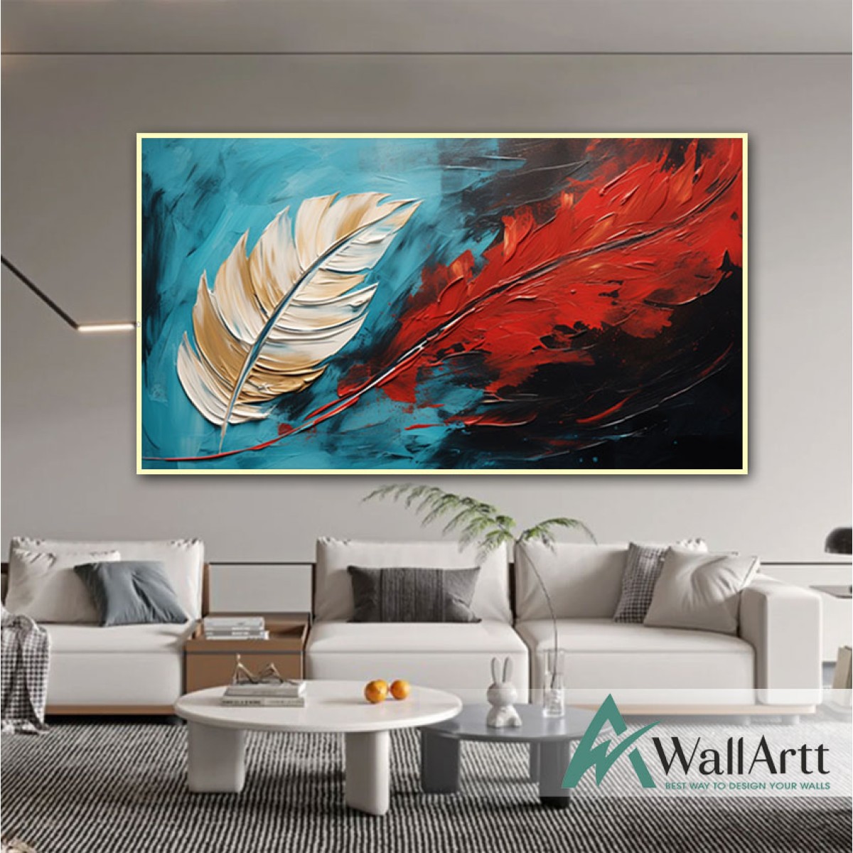 Red Blue Feather Textured Partial Oil Painting