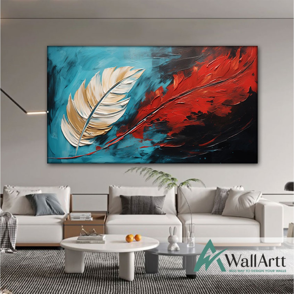 Red Blue Feather Textured Partial Oil Painting