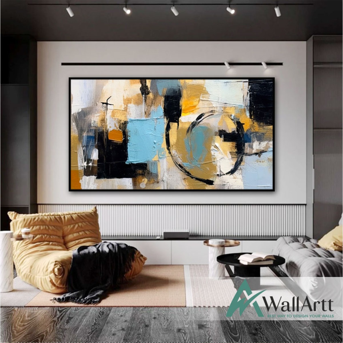 Baby Blue Black Textured Partial Oil Painting